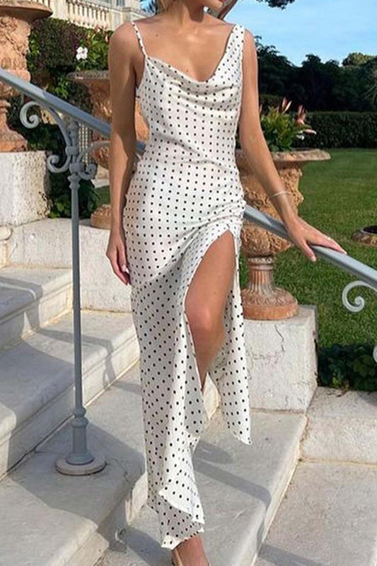 Polka Dot Cowl Neck Slit Dress