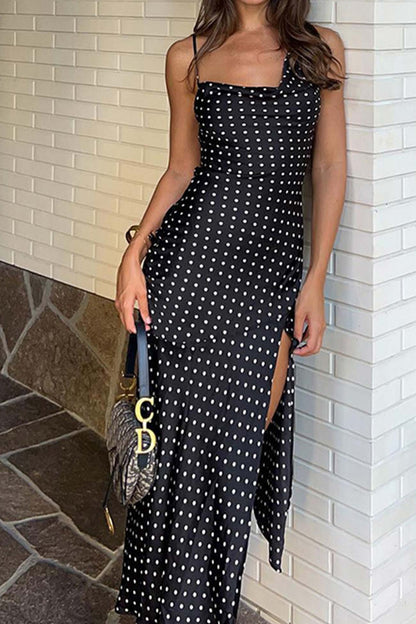 Polka Dot Cowl Neck Slit Dress