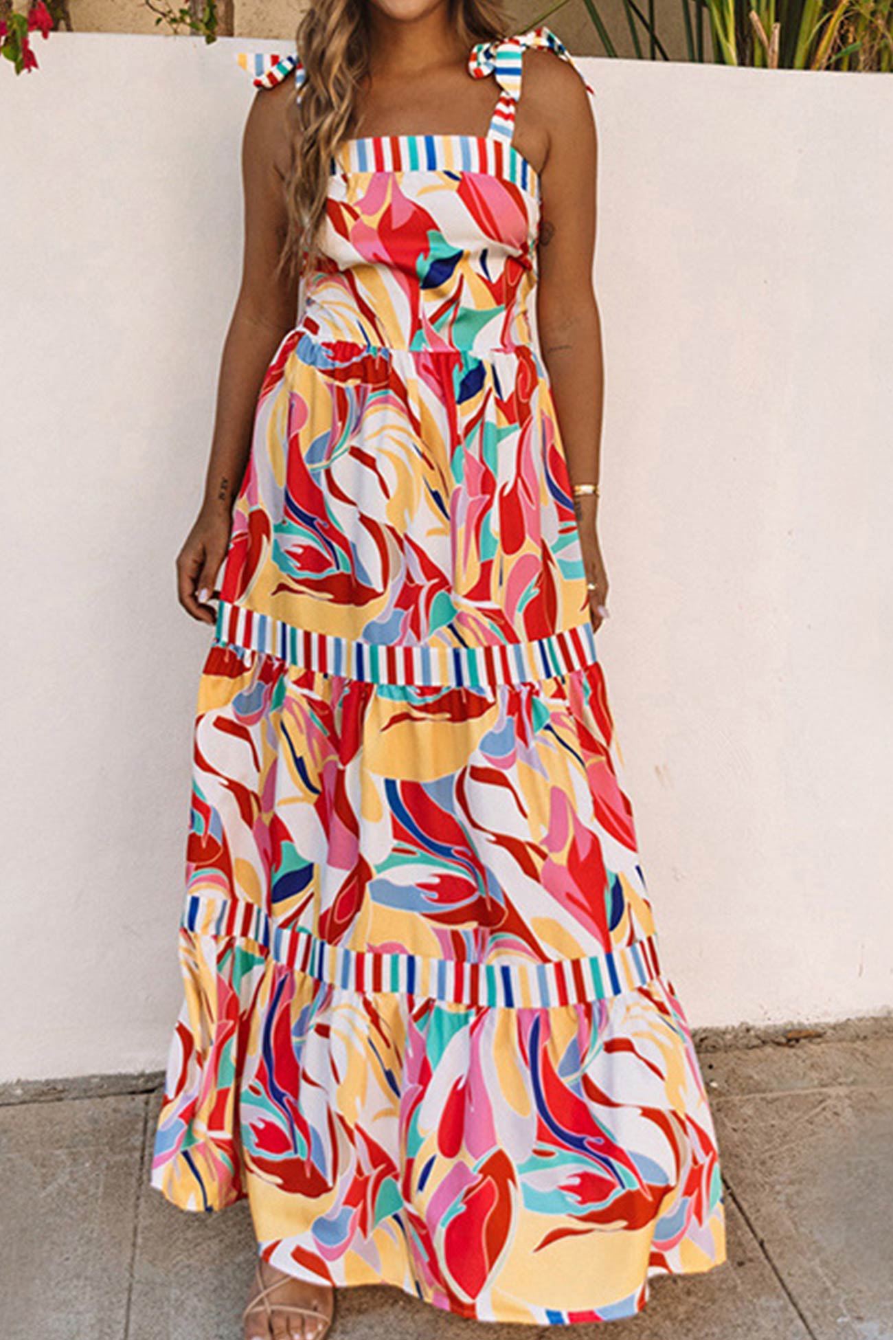 Printed Patchwork Tie-straps Tiered Dress