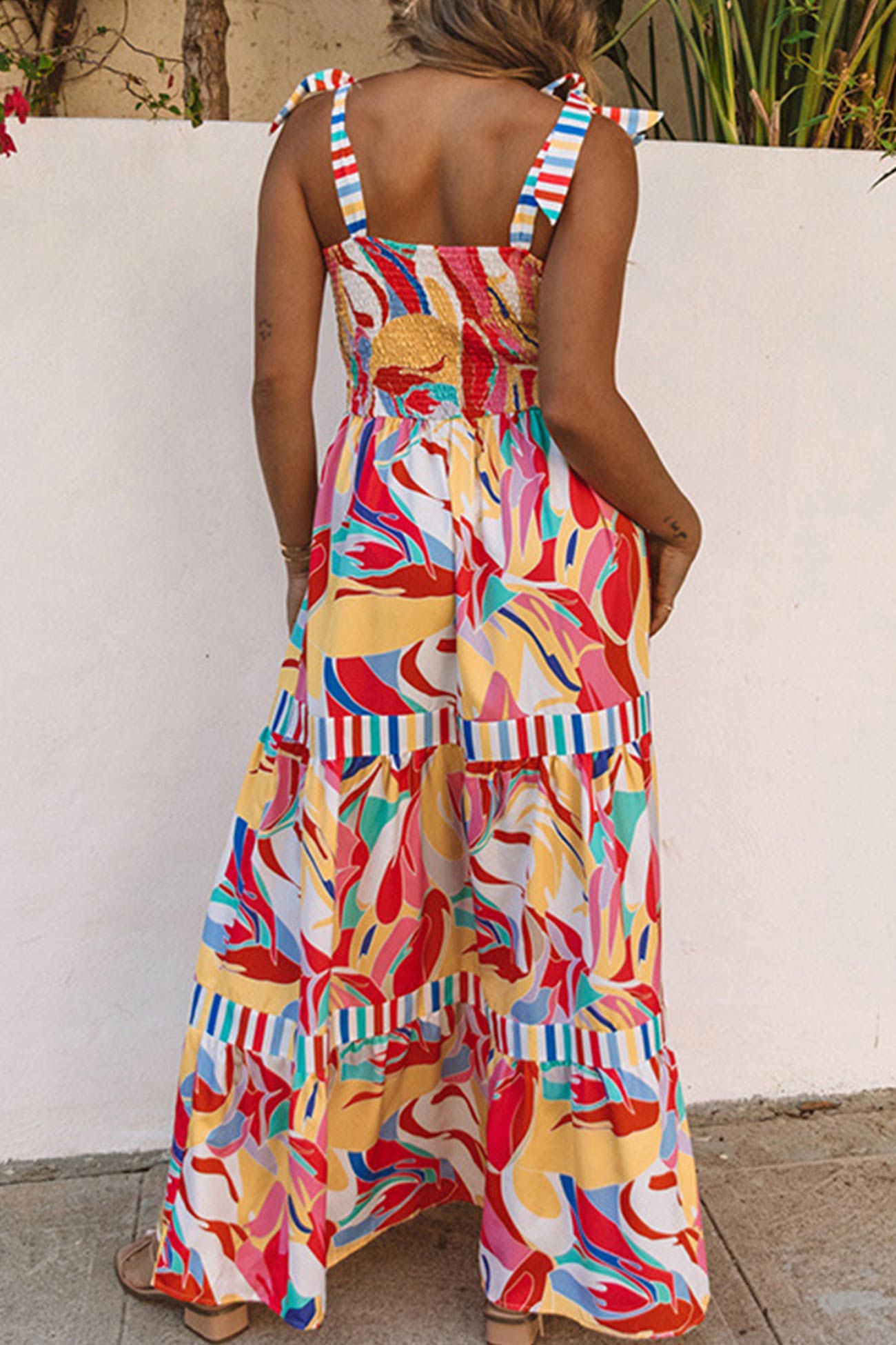 Printed Patchwork Tie-straps Tiered Dress