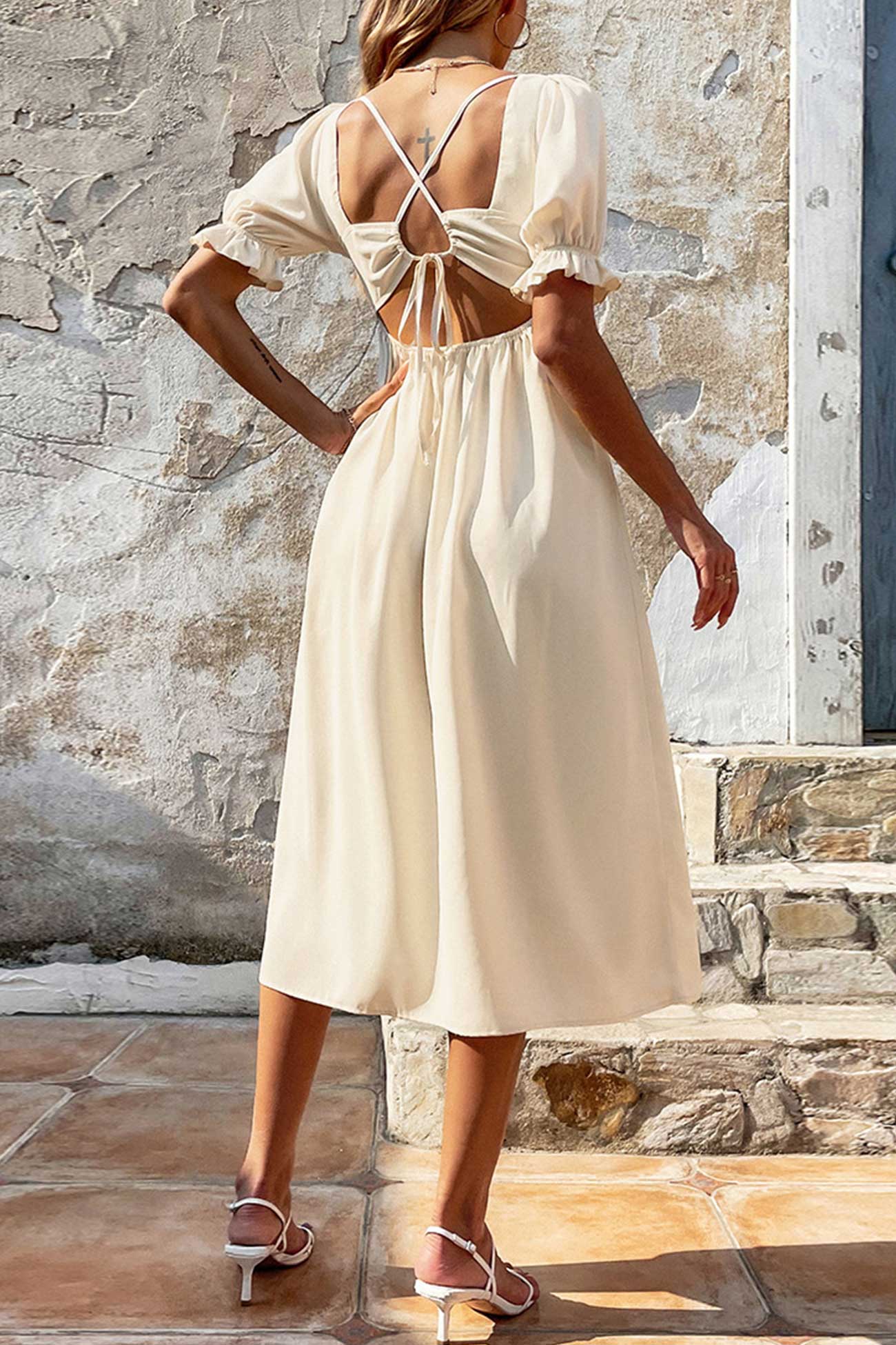 Puff Sleeve Crisscross Strappy Slit Dress