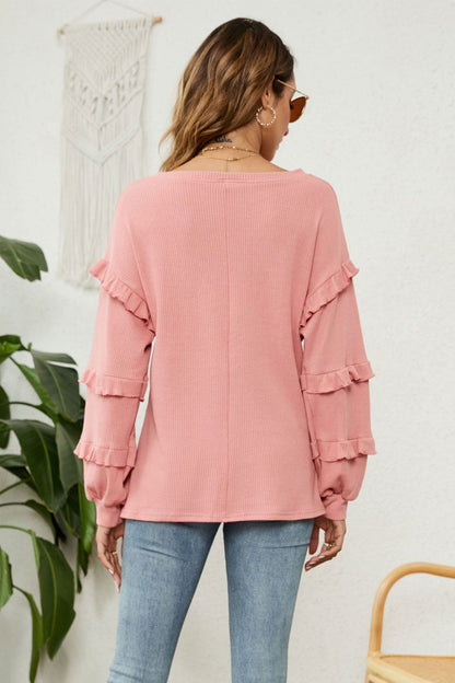 Puff Sleeve Ruffled Waffle Tops