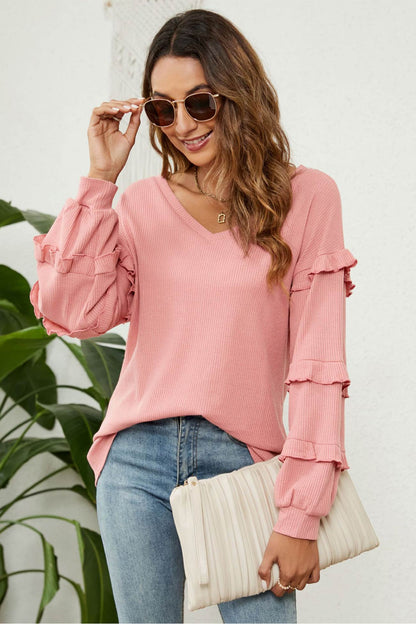 Puff Sleeve Ruffled Waffle Tops