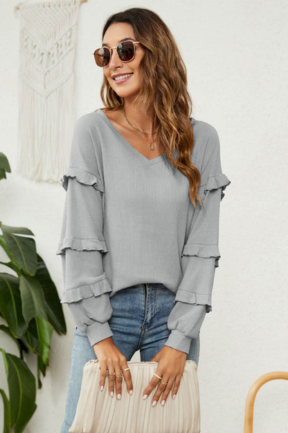 Puff Sleeve Ruffled Waffle Tops