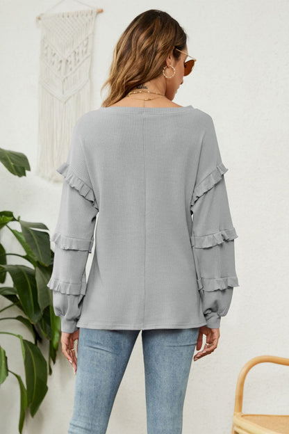 Puff Sleeve Ruffled Waffle Tops