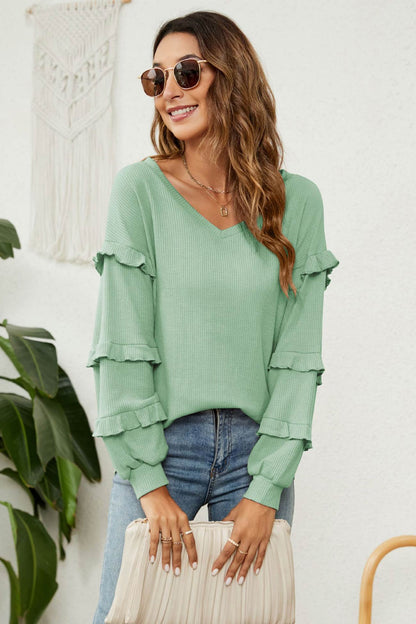 Puff Sleeve Ruffled Waffle Tops