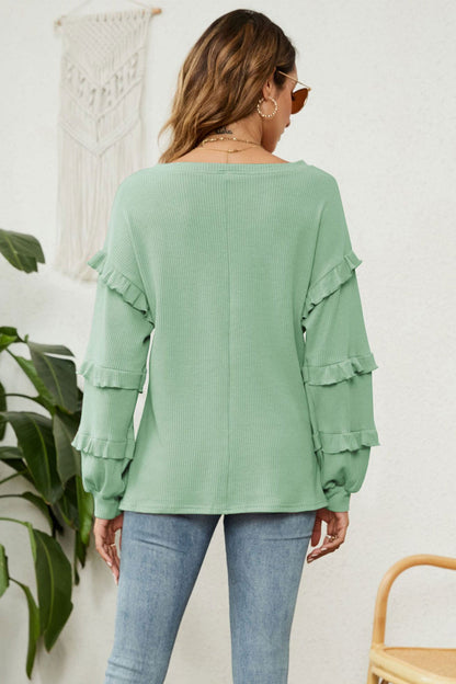 Puff Sleeve Ruffled Waffle Tops