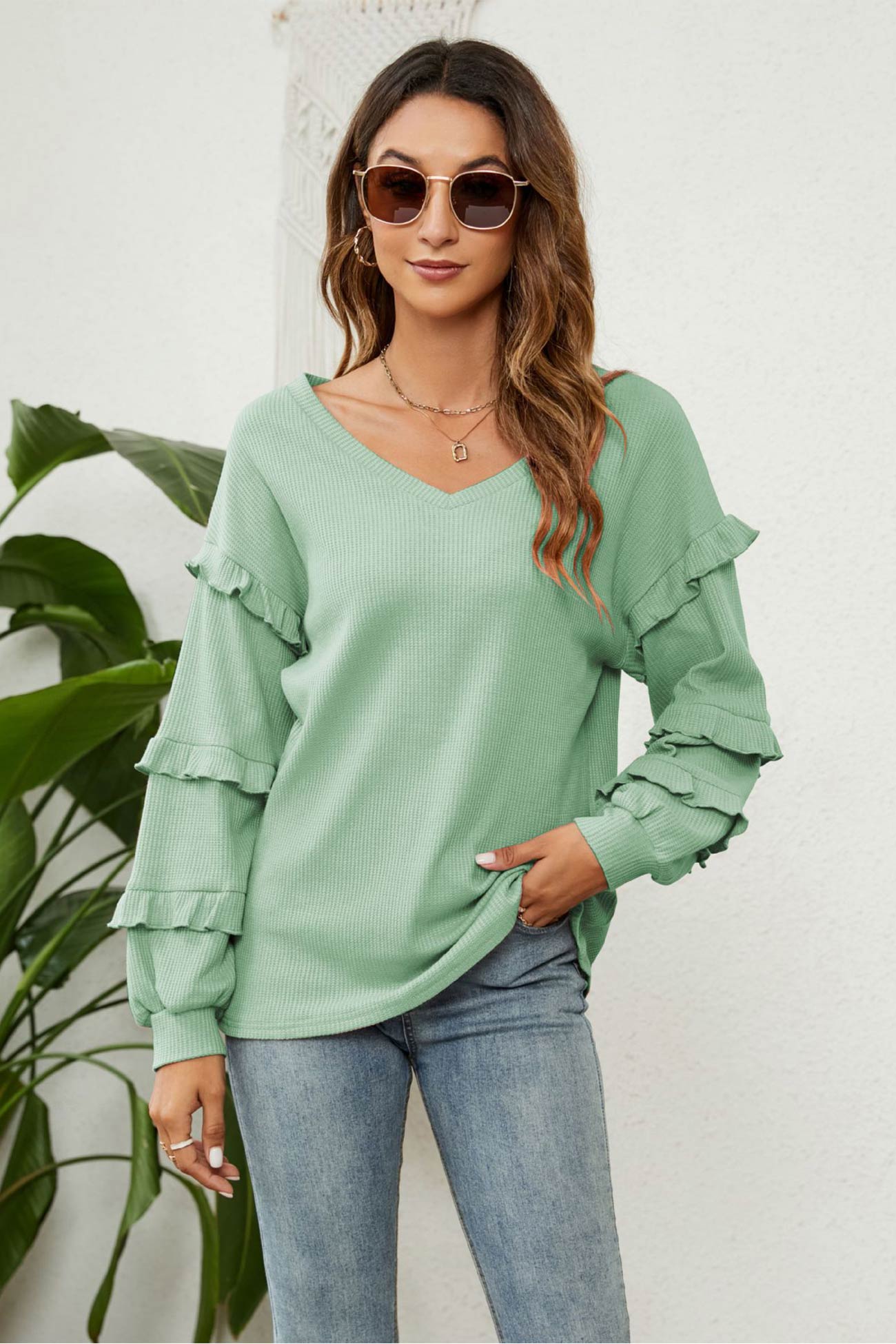 Puff Sleeve Ruffled Waffle Tops