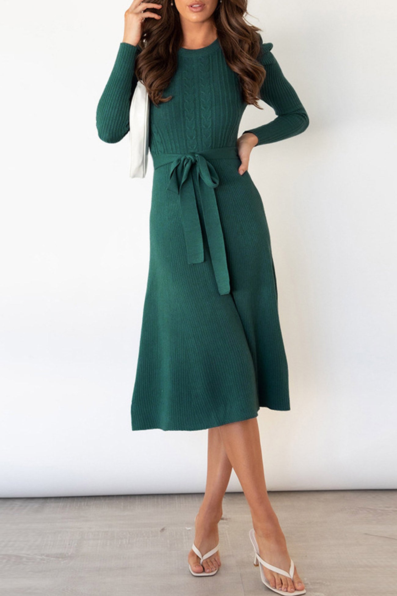 Puff Sleeve Tie-waist Knit Dress