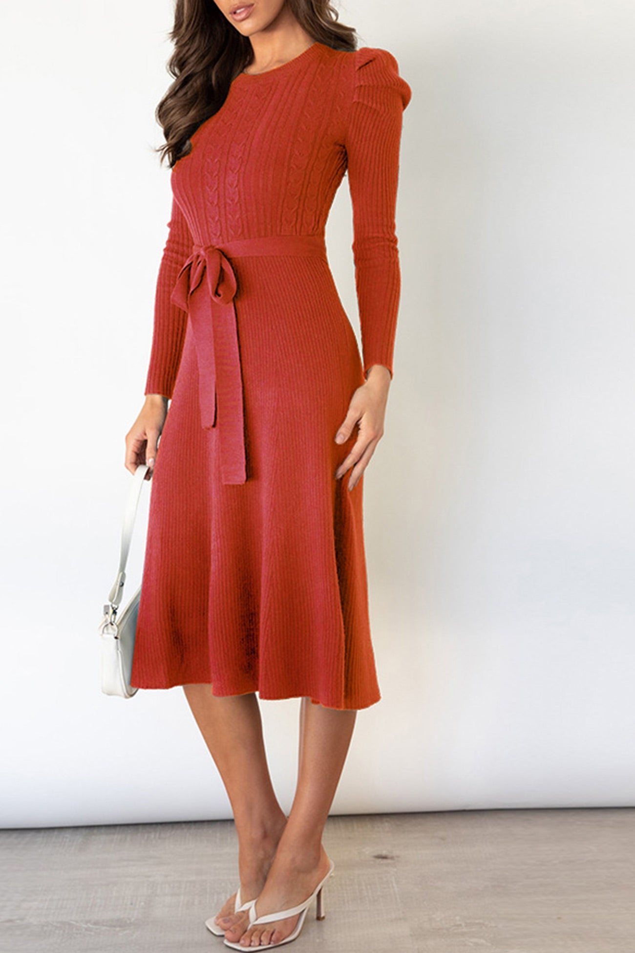 Puff Sleeve Tie-waist Knit Dress