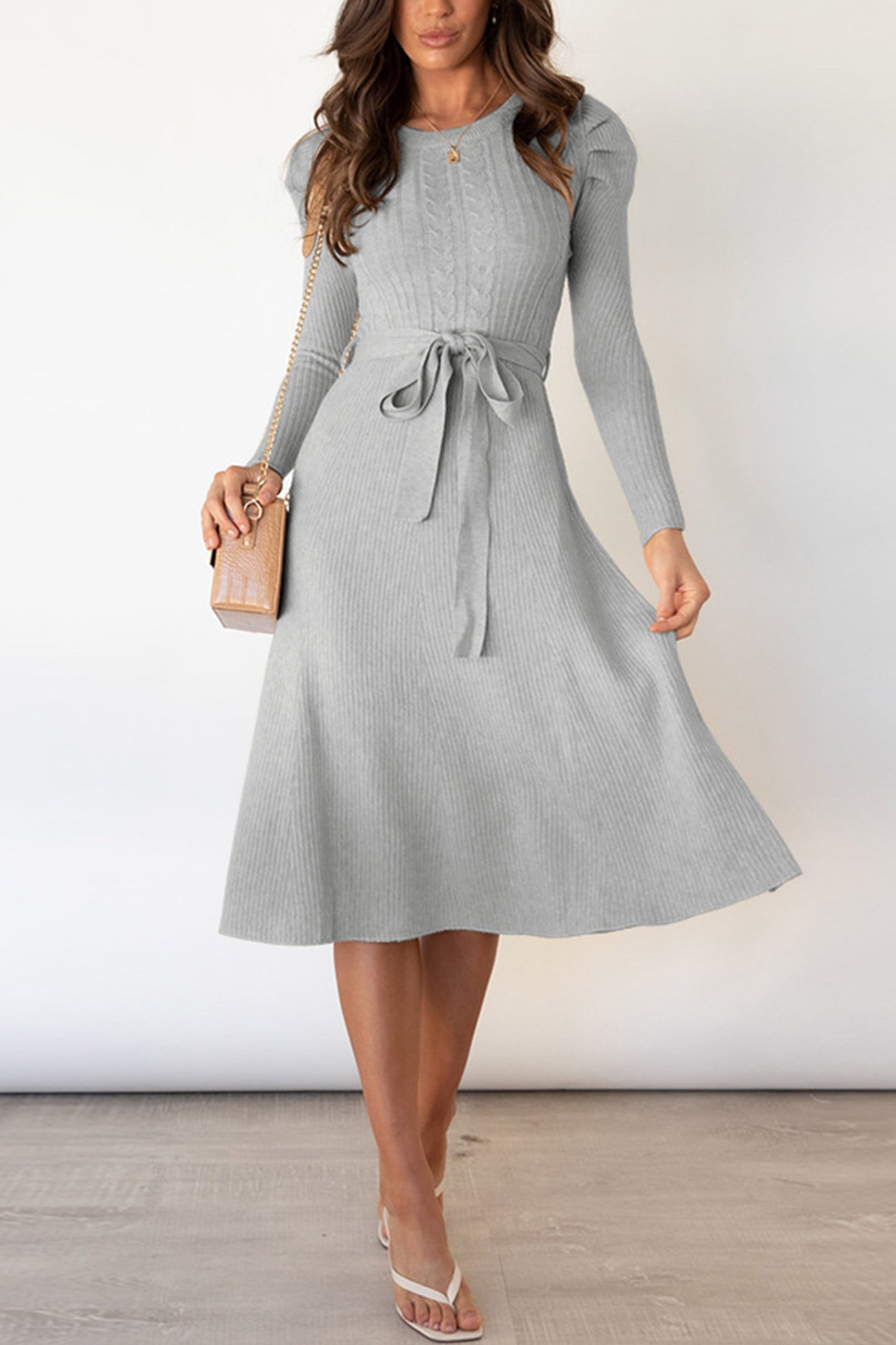 Puff Sleeve Tie-waist Knit Dress