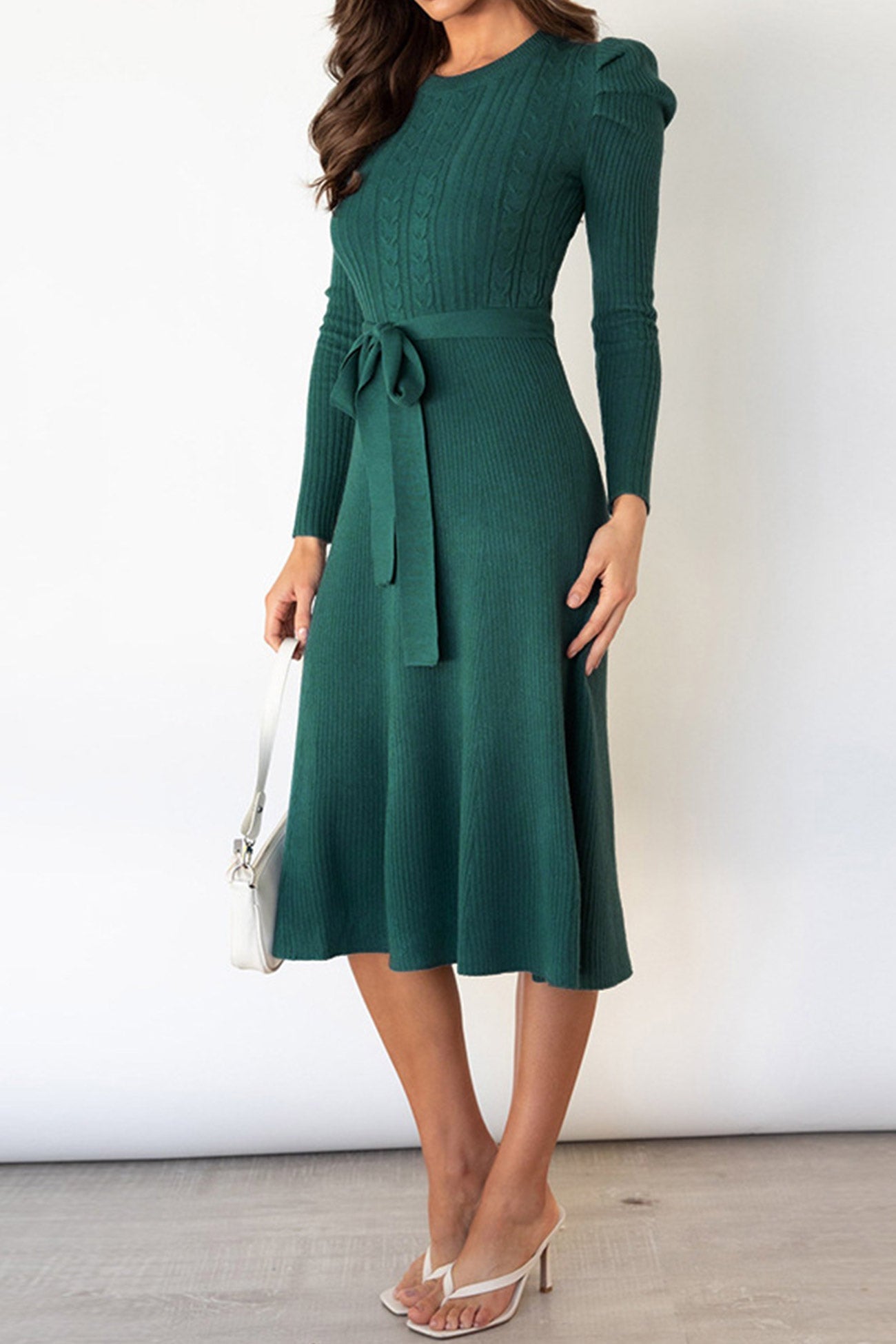 Puff Sleeve Tie-waist Knit Dress