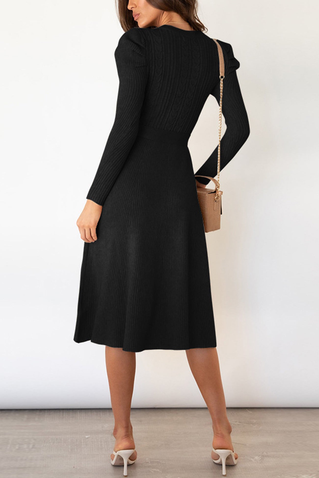 Puff Sleeve Tie-waist Knit Dress