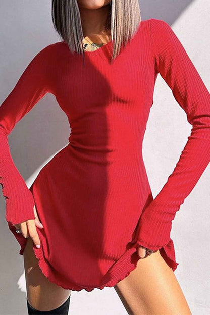 Crew Neck Back Strap Long Sleeve Mini Dress