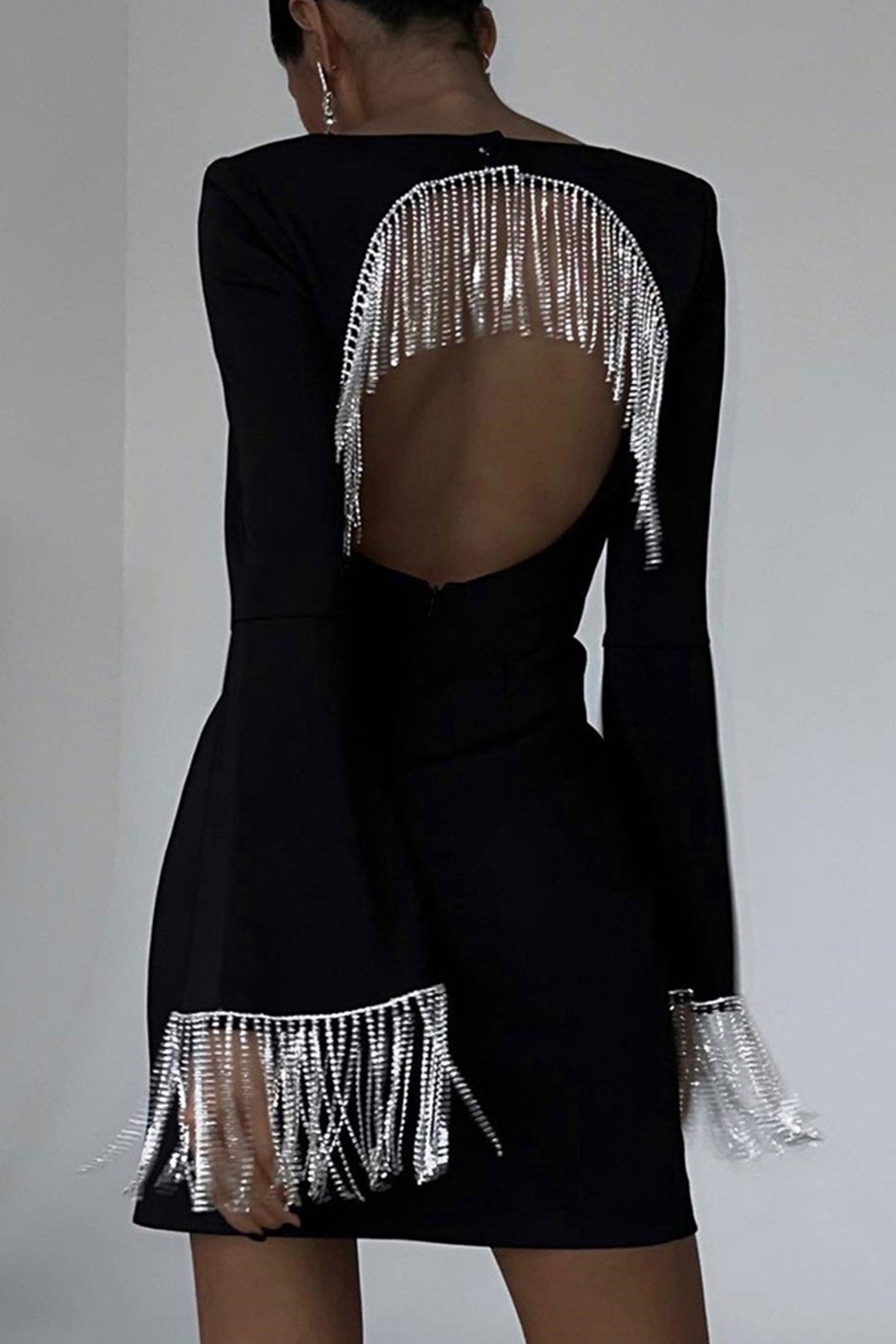 Rhinestone Fringe Backless Mini Dress