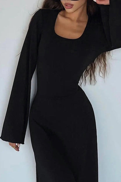 Ribbed Flares Sleeve Tie-back Dress