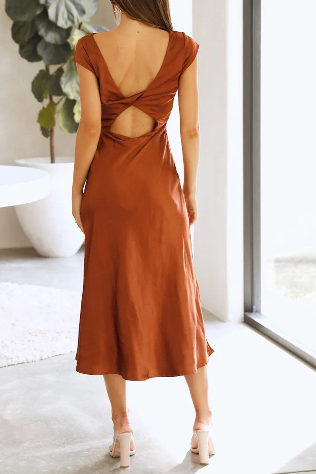 Satin Cowl Neck Twisted-back Slit Dress