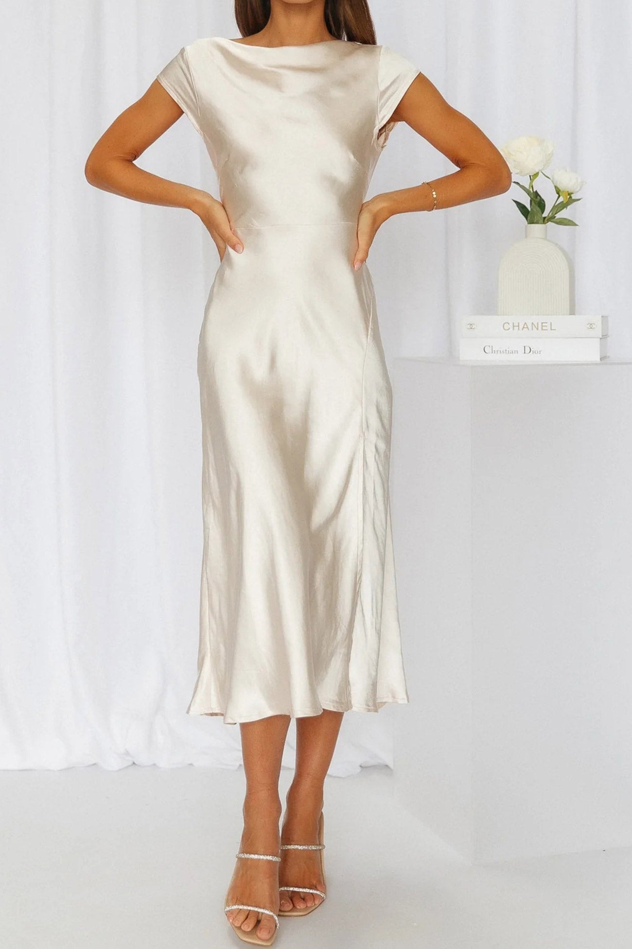 Satin Cowl Neck Twisted-back Slit Dress