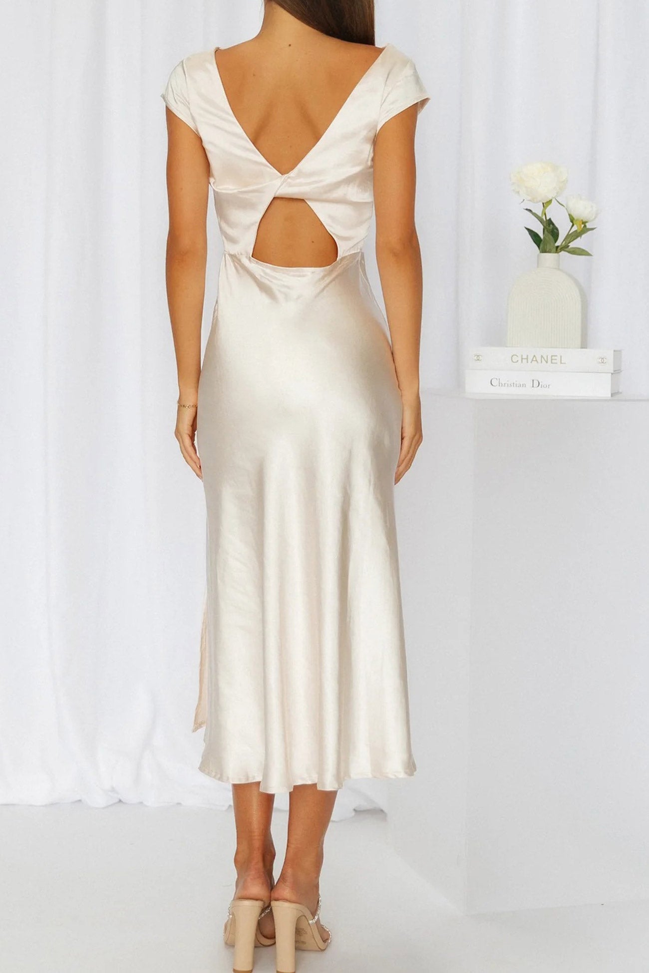 Satin Cowl Neck Twisted-back Slit Dress