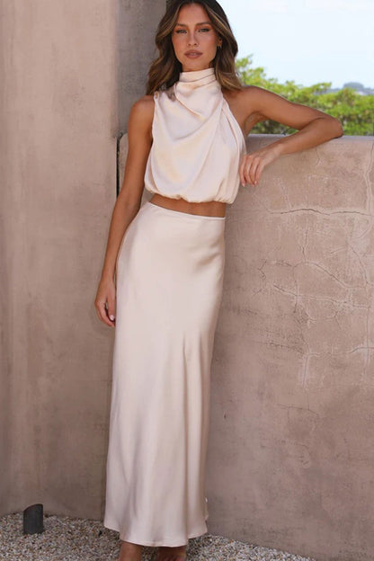 Satin Mock Neck Sleeveless Crop Top Midi Skirt Suits