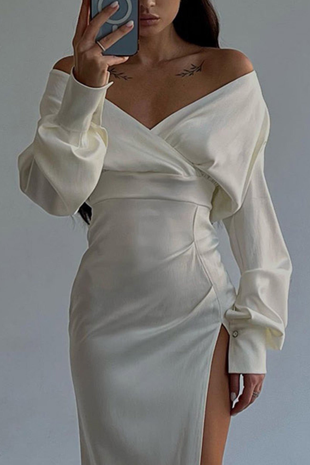 Satin Off Shoulder Gather Silt Dress