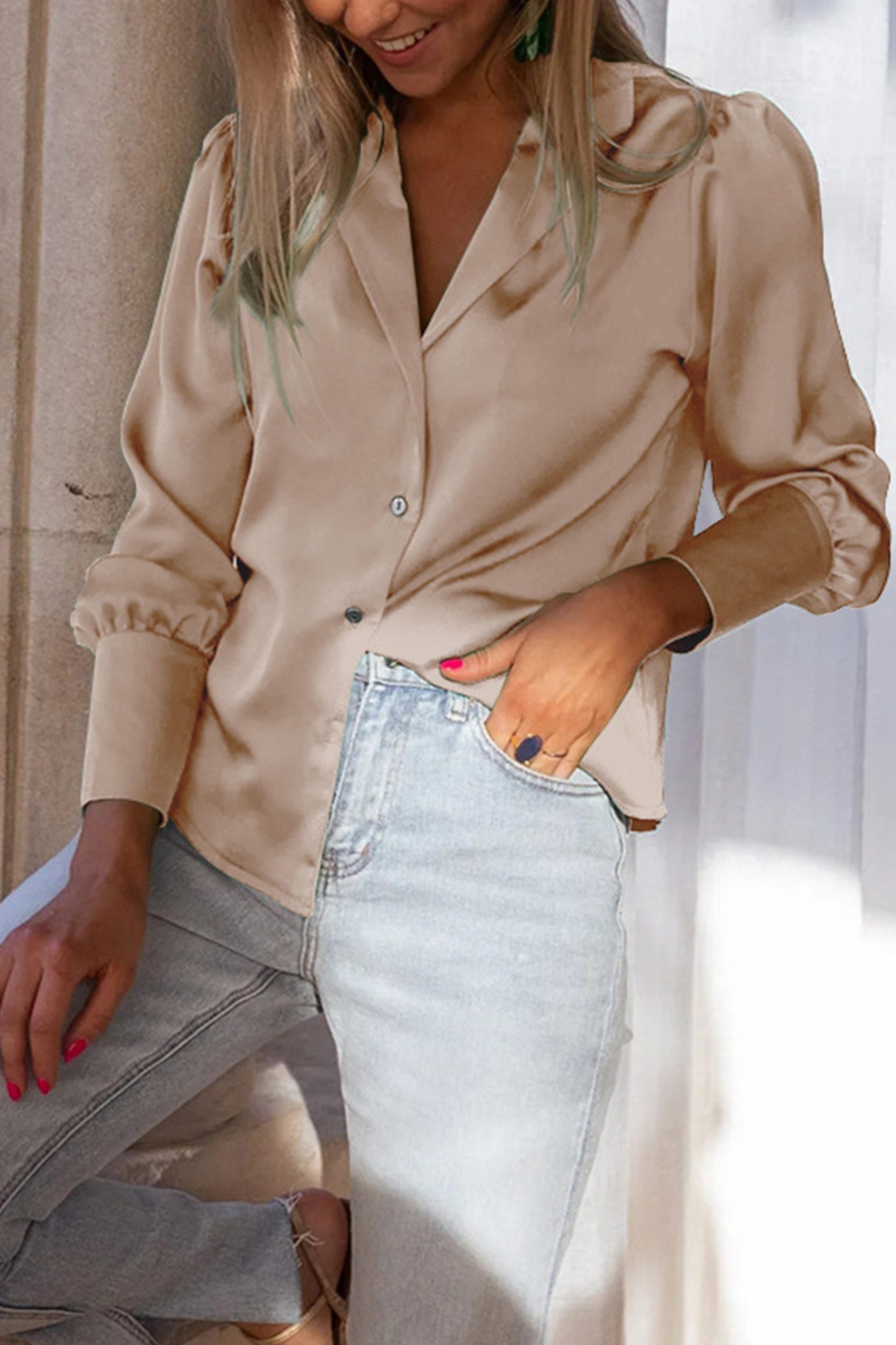 Satin Puff Sleeve Blouse Tops