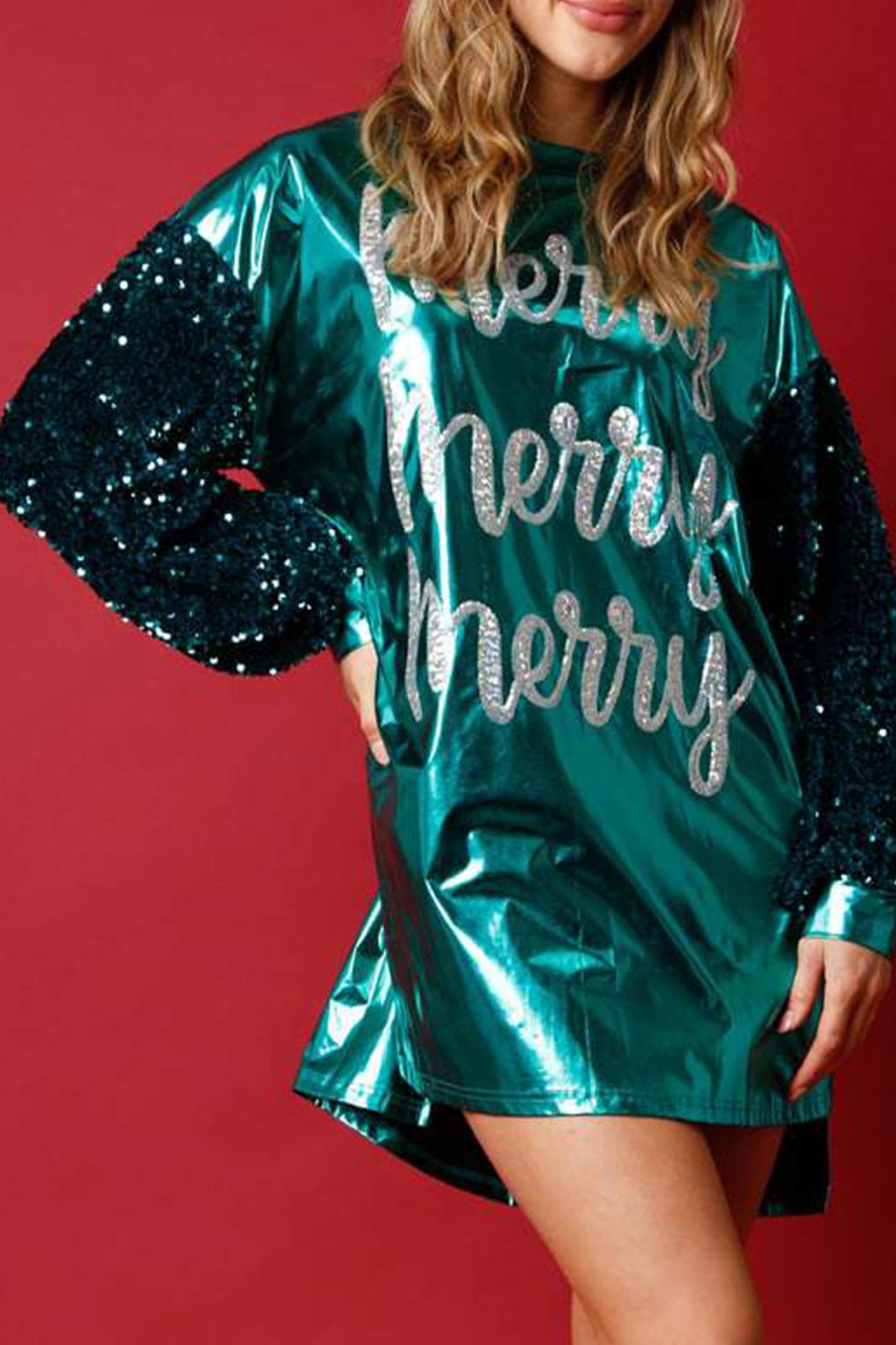 Sequin Sleeve Letter Graphic Glossy Dress