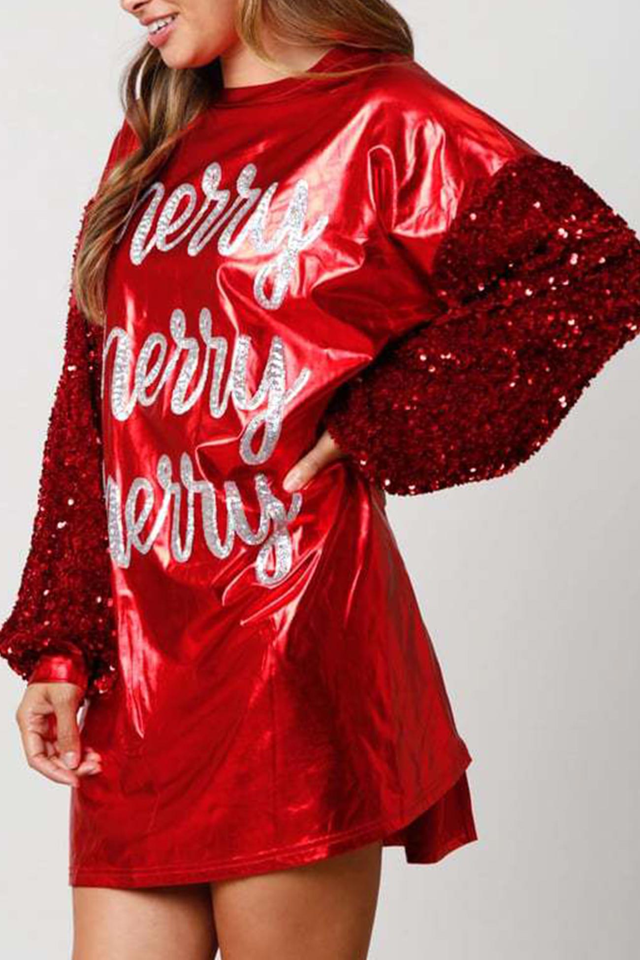 Sequin Sleeve Letter Graphic Glossy Dress