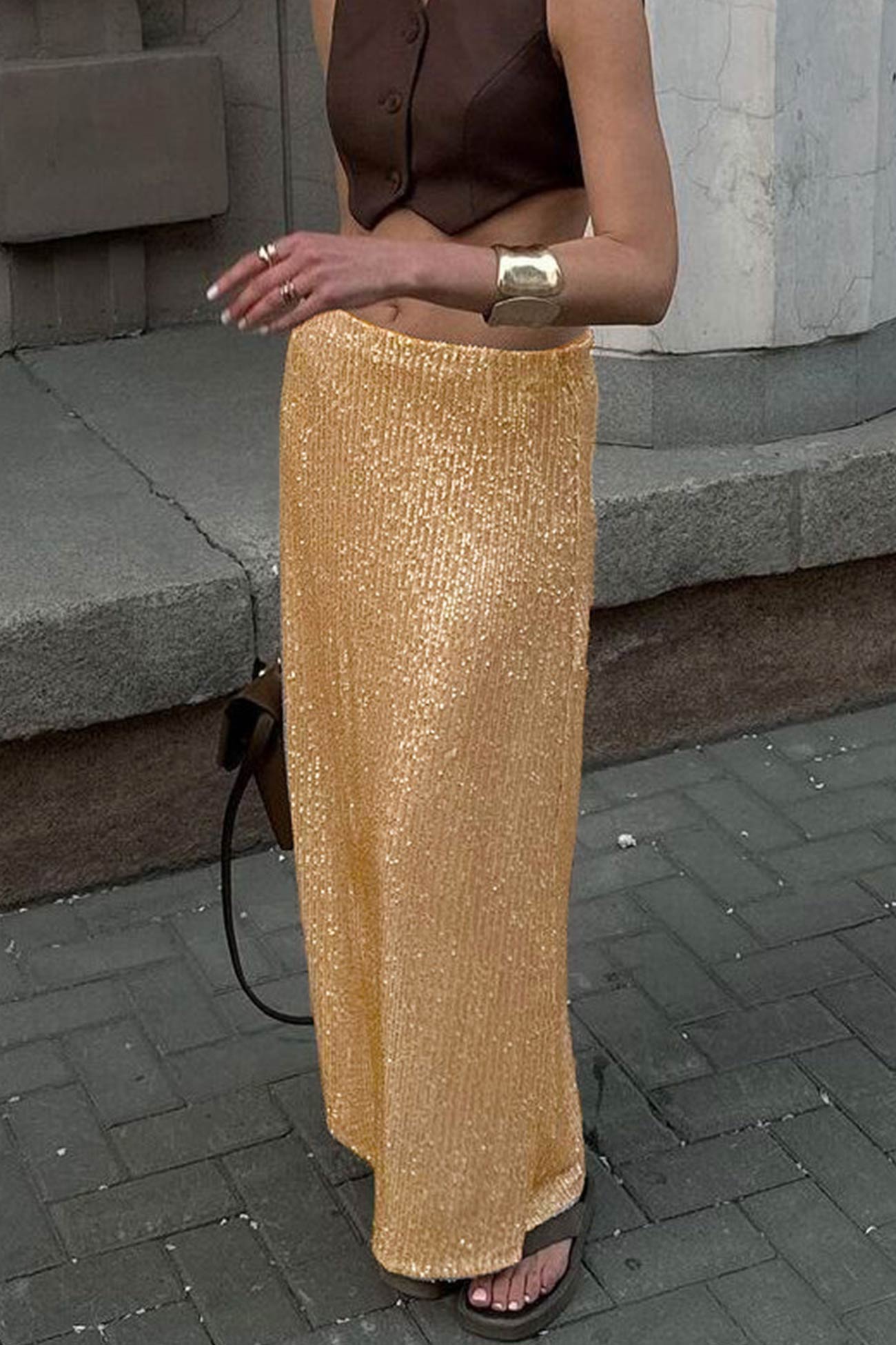 Sequins Back Slit Midi Skirt