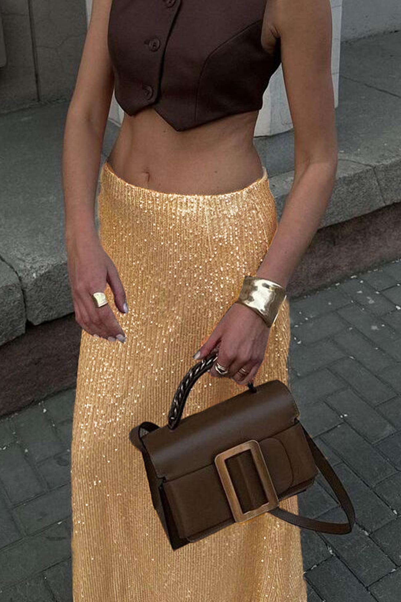 Sequins Back Slit Midi Skirt