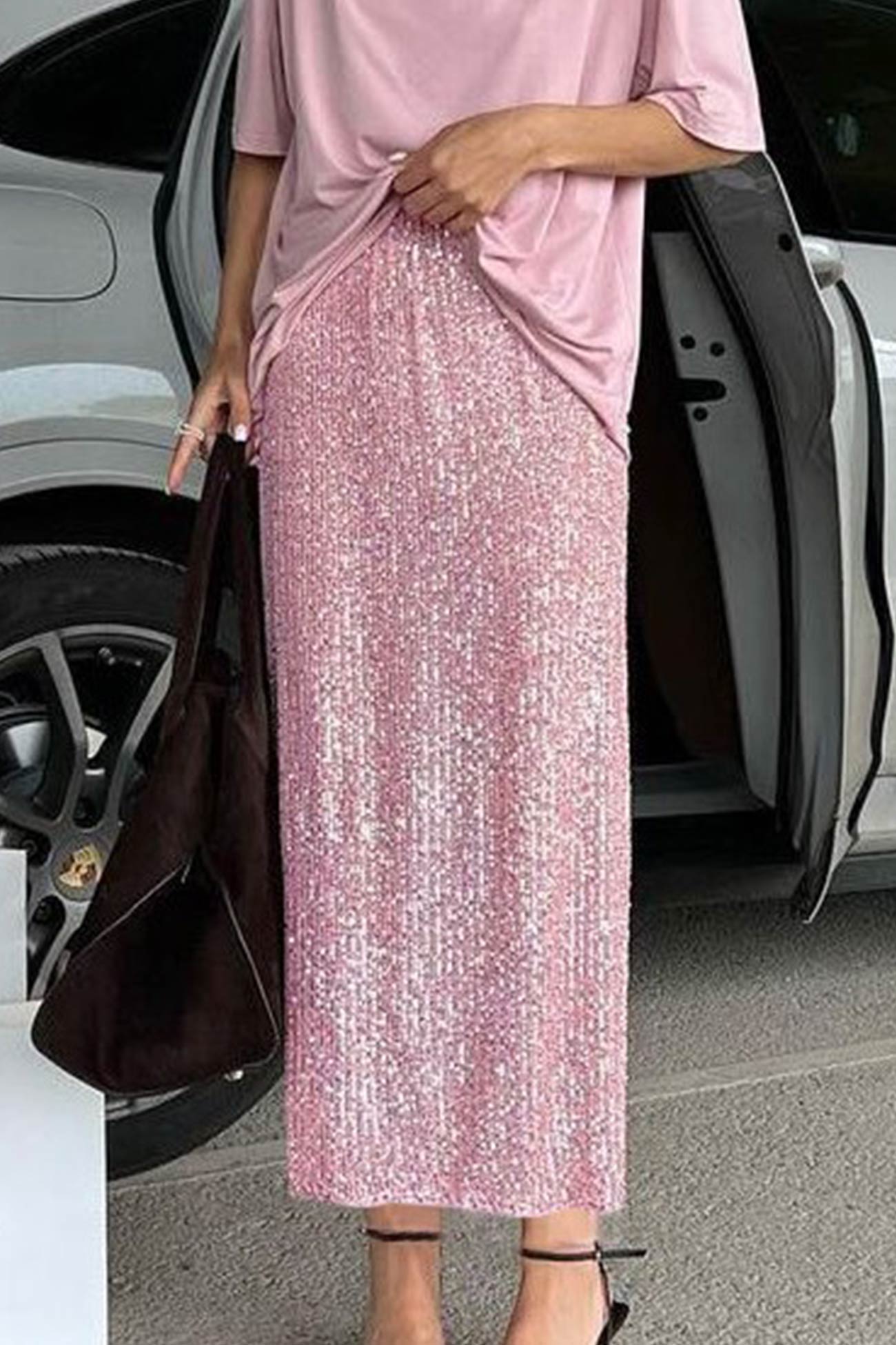 Sequins Back Slit Midi Skirt