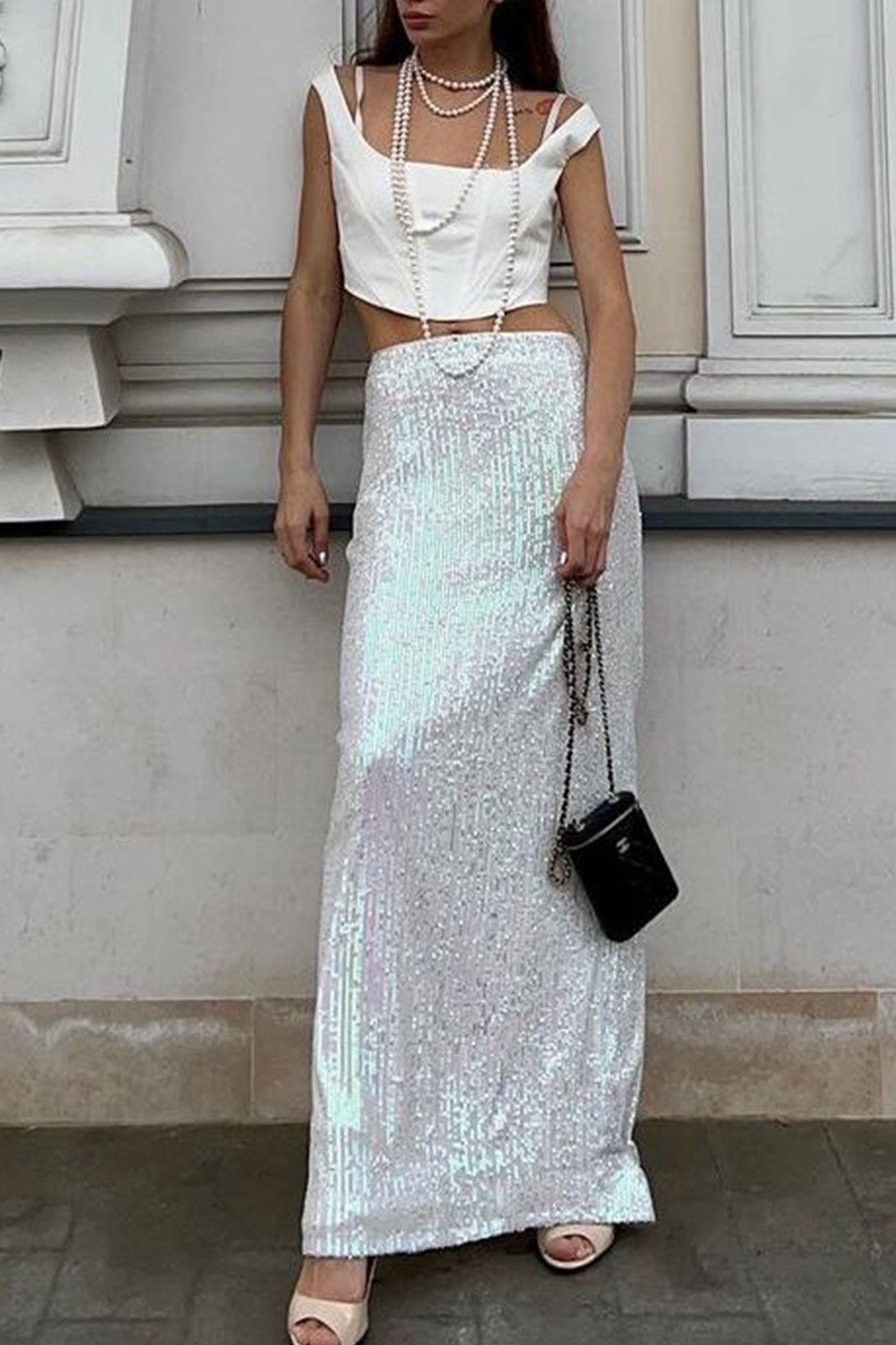 Sequins Back Slit Midi Skirt