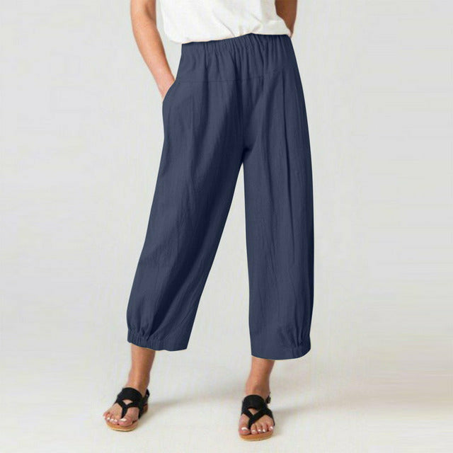 Casual High Waist Harem Pants Dark Blue Best Sellings bottoms clothes Cotton and Linen pants Sale Topseller