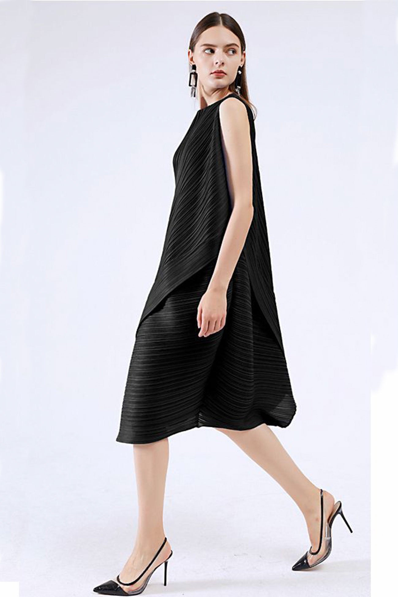 Sleeveless Irregular Full Pleated Midi Dress