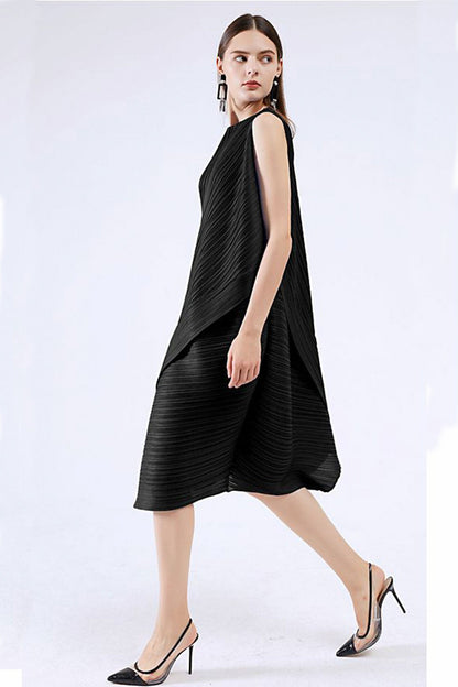 Sleeveless Irregular Full Pleated Midi Dress