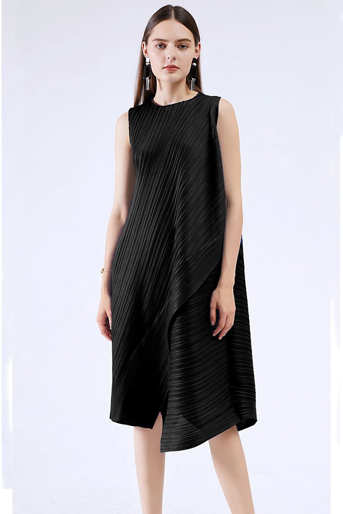 Sleeveless Irregular Full Pleated Midi Dress