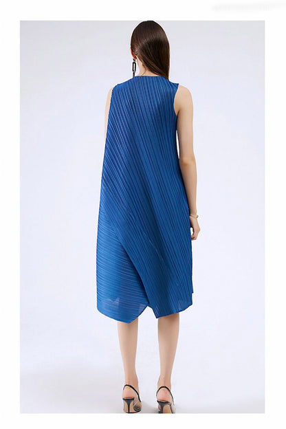 Sleeveless Irregular Full Pleated Midi Dress