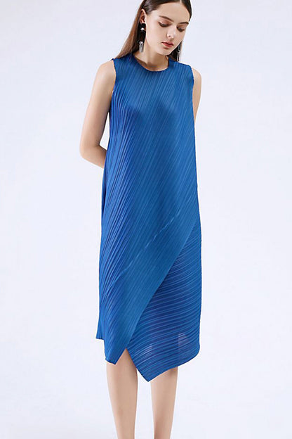 Sleeveless Irregular Full Pleated Midi Dress