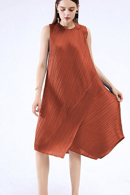 Sleeveless Irregular Full Pleated Midi Dress