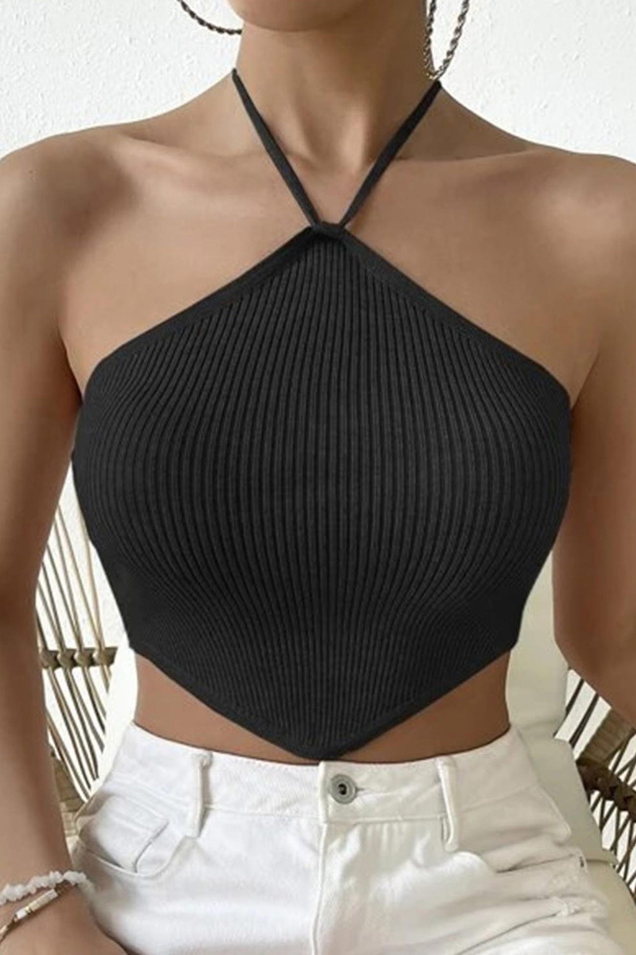 Solid Halter Ribbed Crop Top