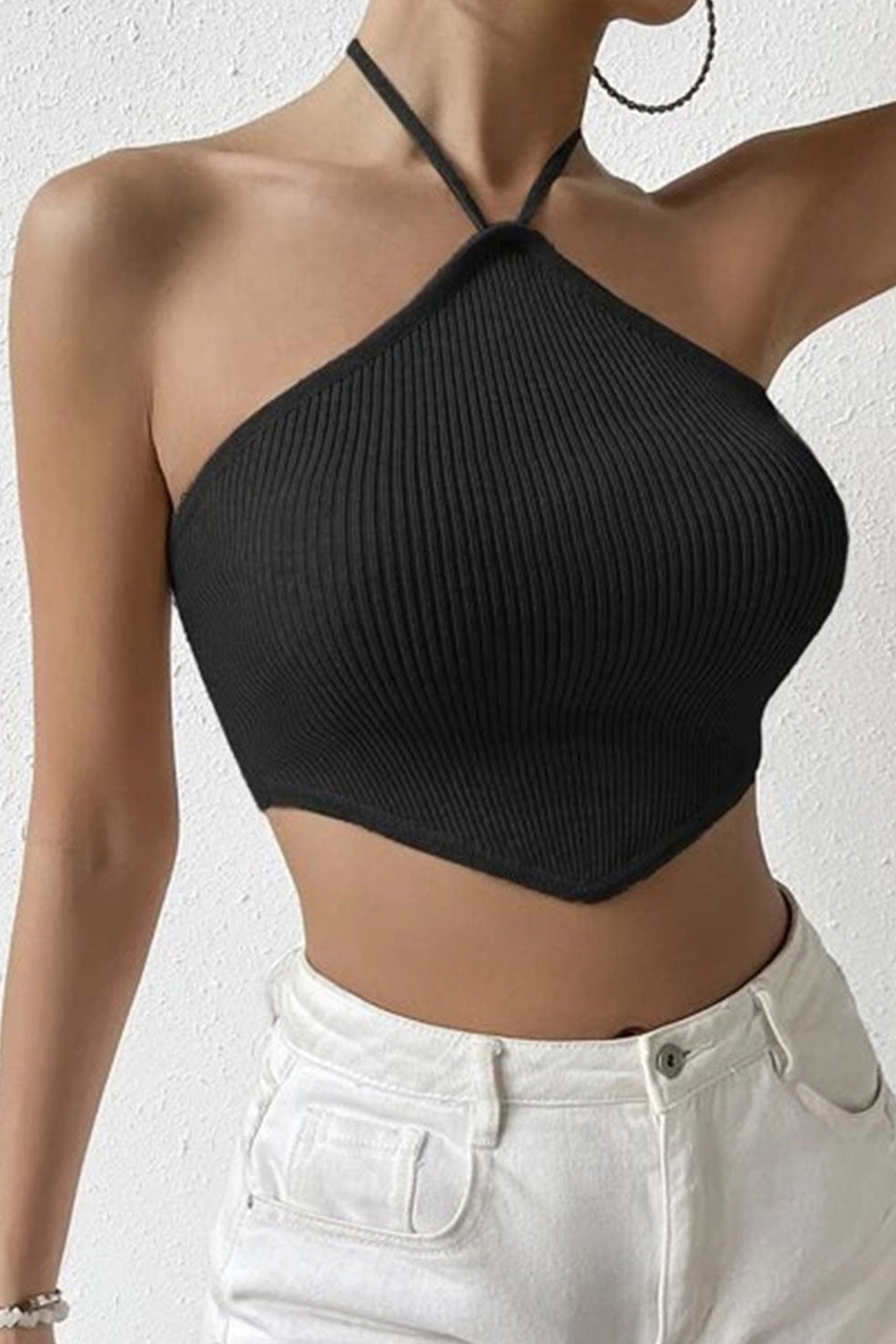 Solid Halter Ribbed Crop Top