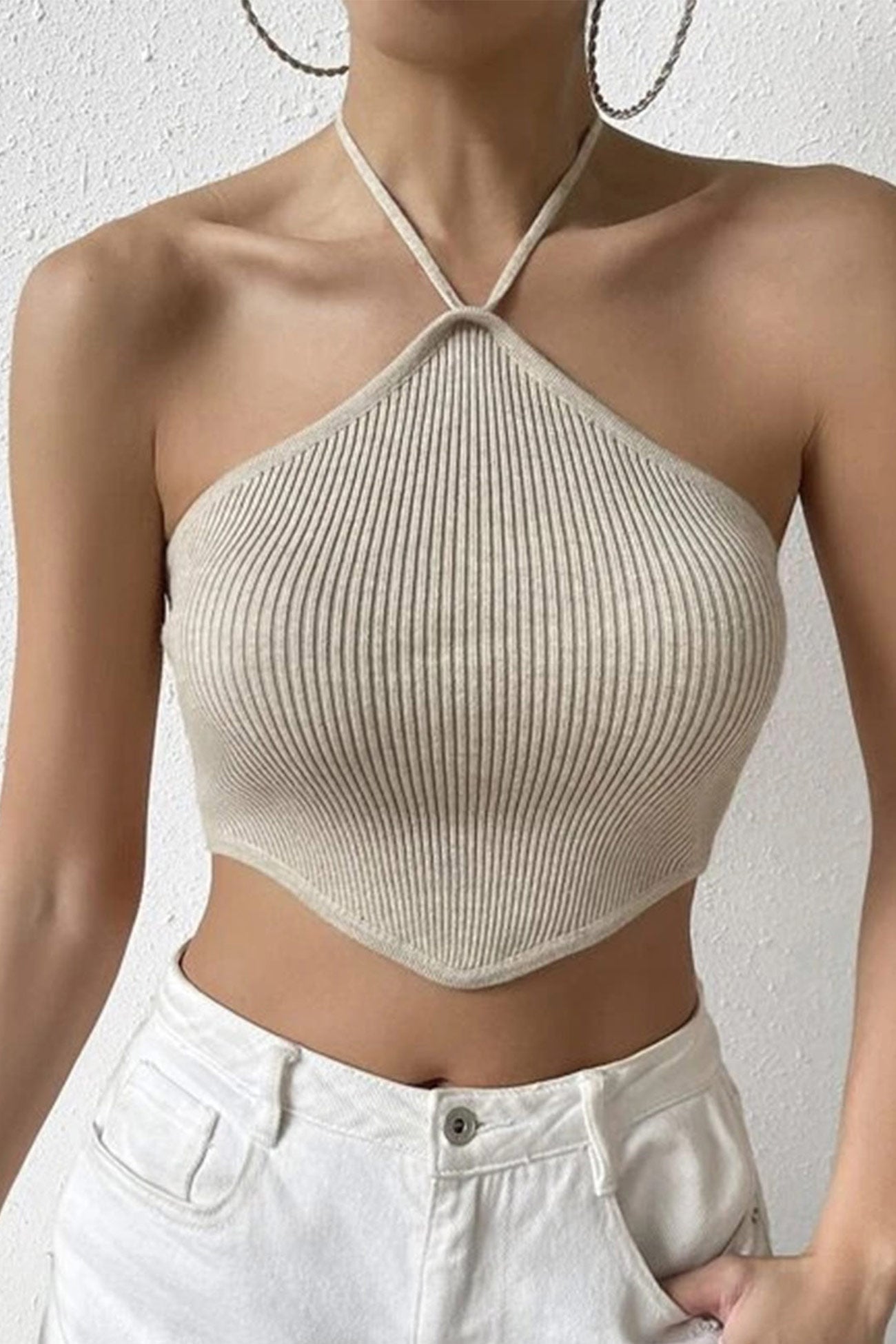 Solid Halter Ribbed Crop Top