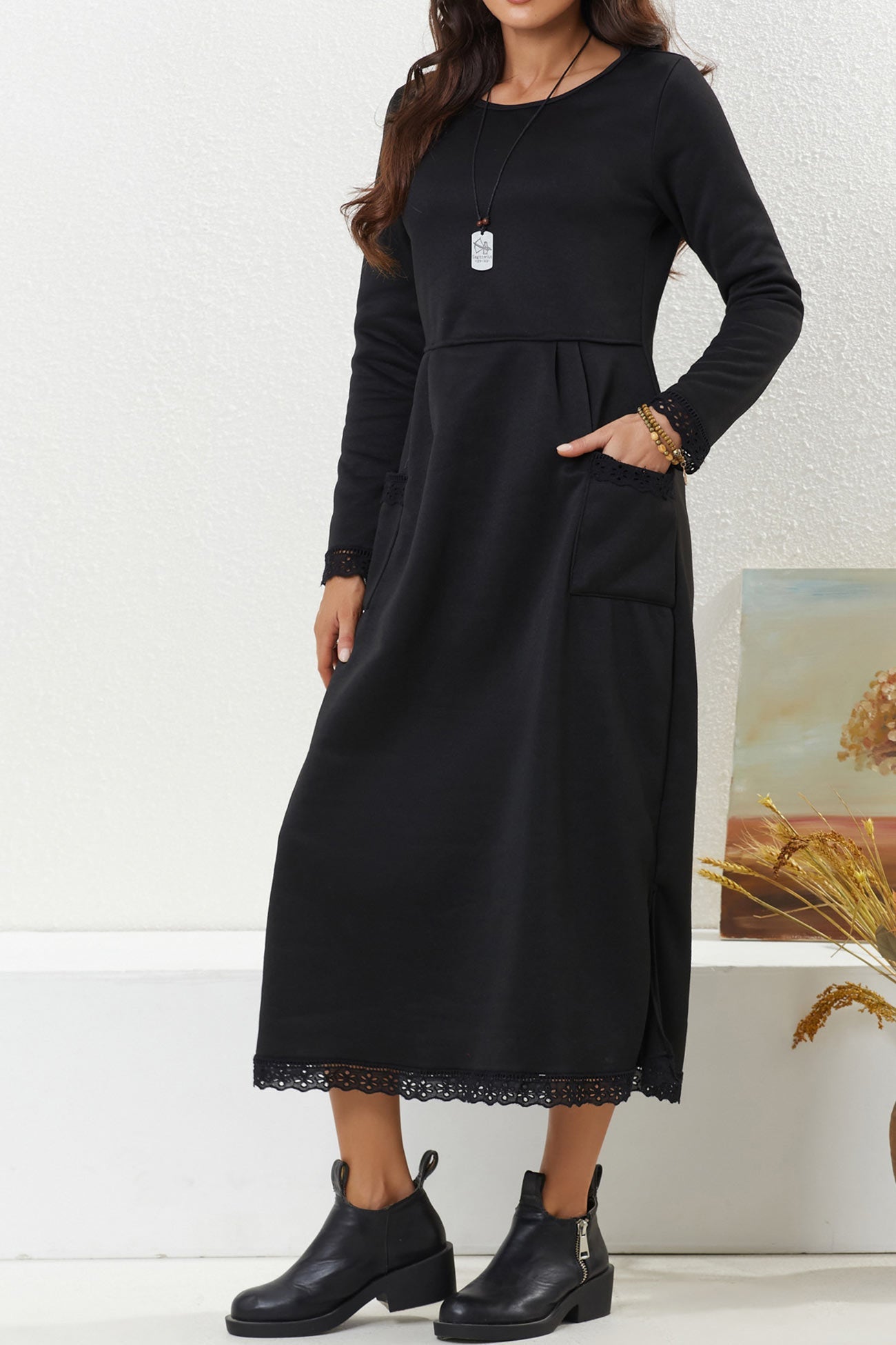 Solid Pocketed Lacework Hem Dress