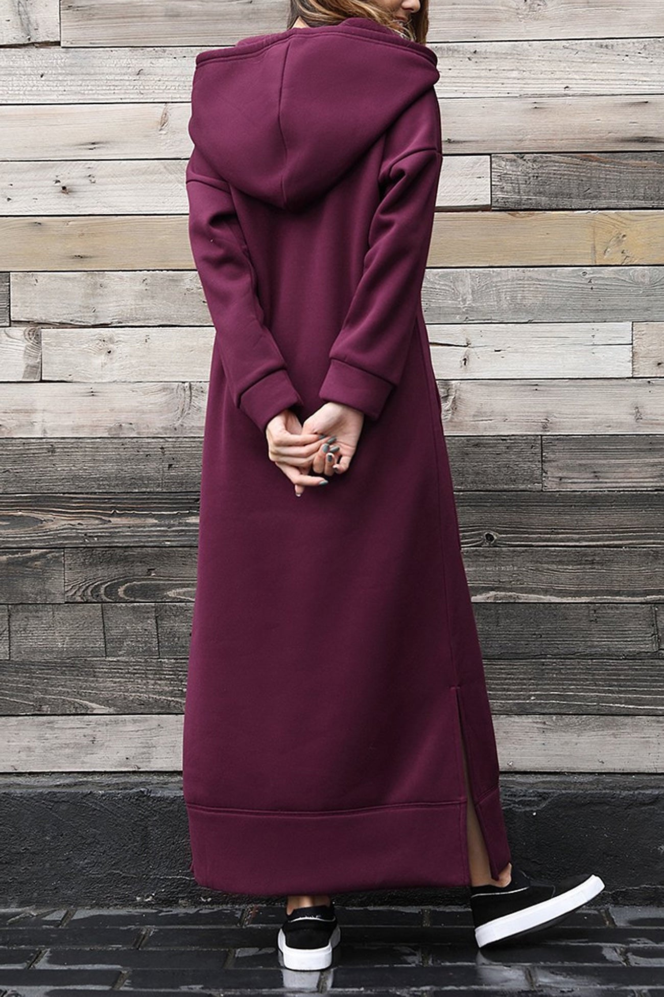 Solid Pocketed Slit Hem Hoodie Dress