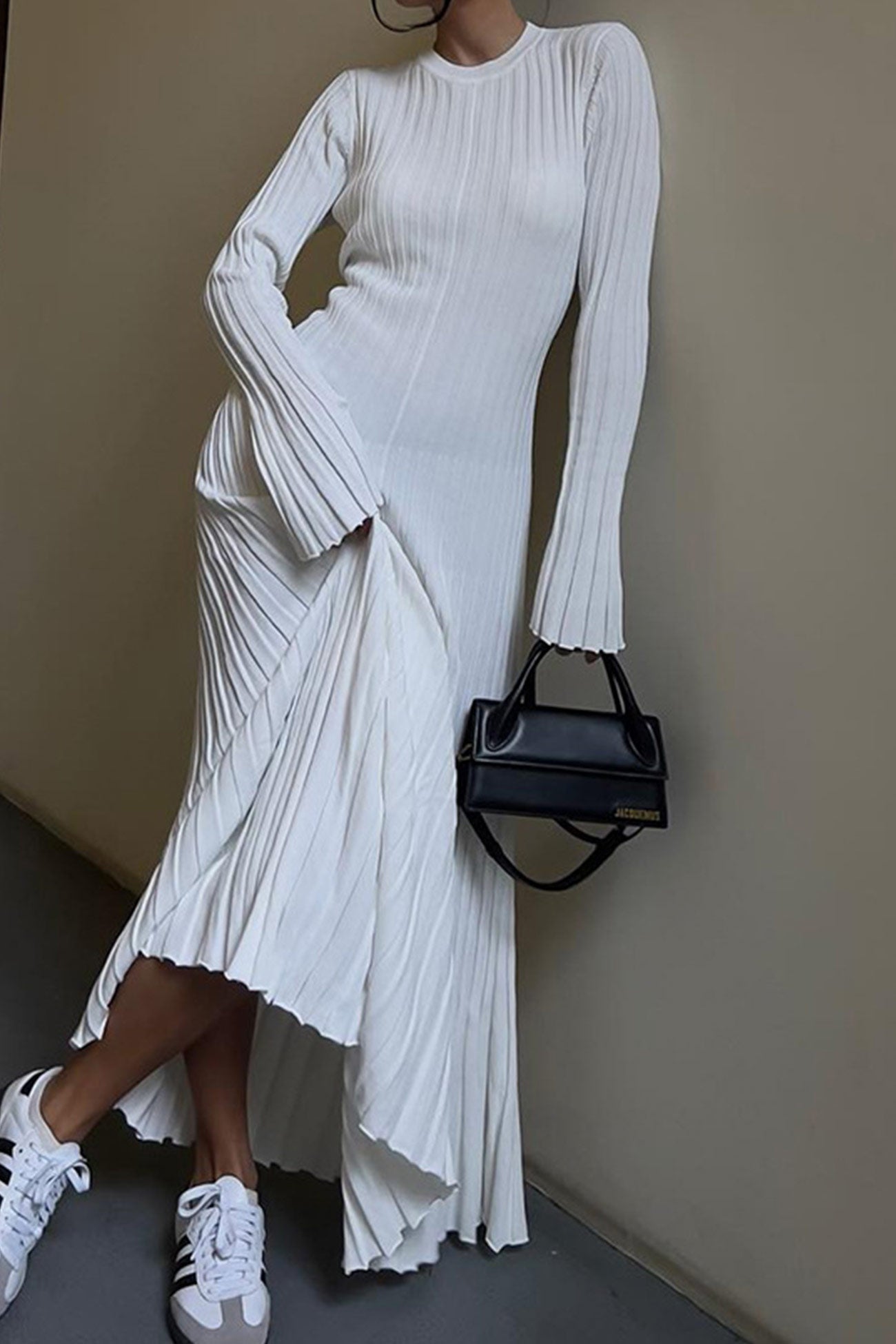 Solid Ribbed Knit Tie-waist Dress