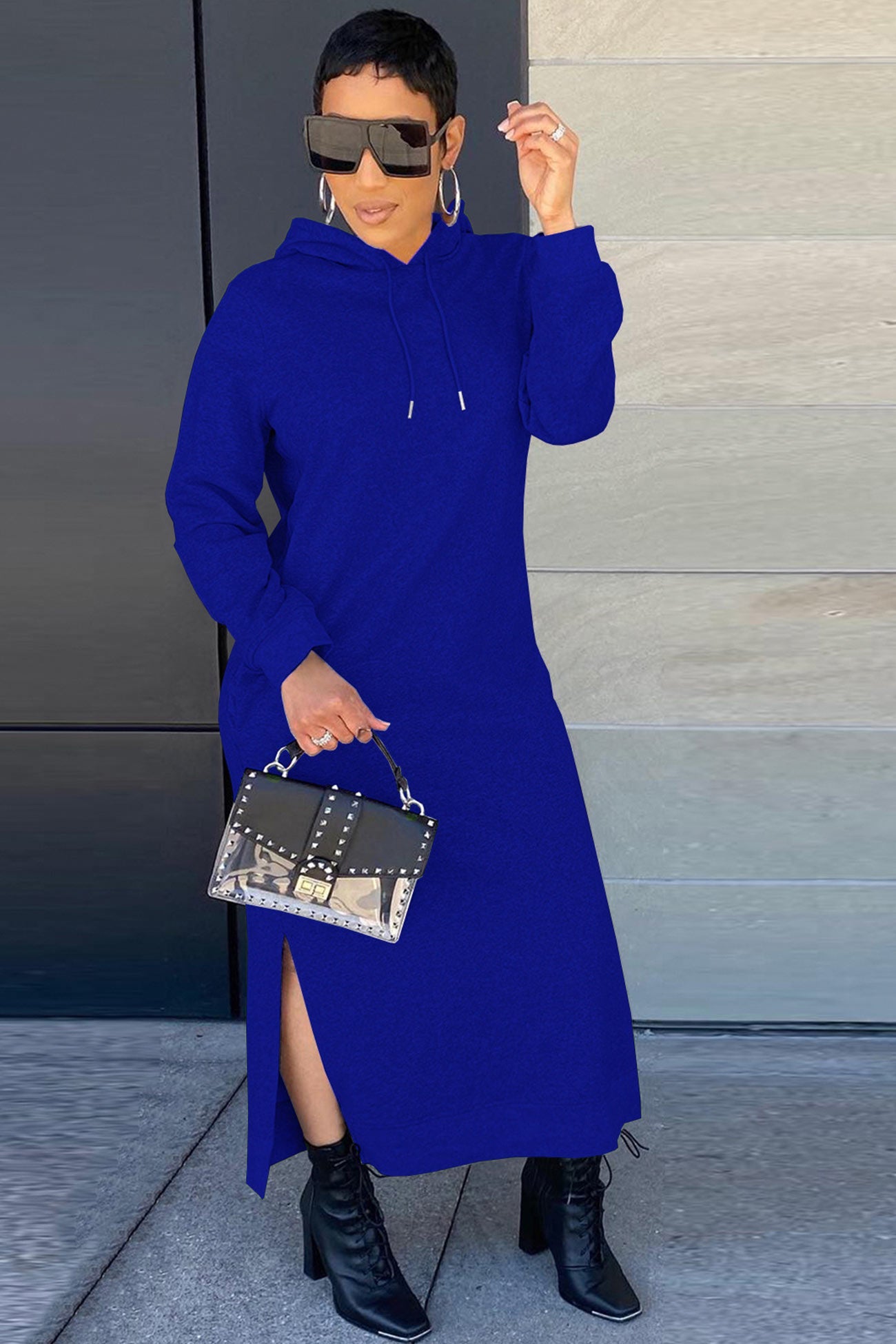 Solid Slit Hem Hoodie Dress