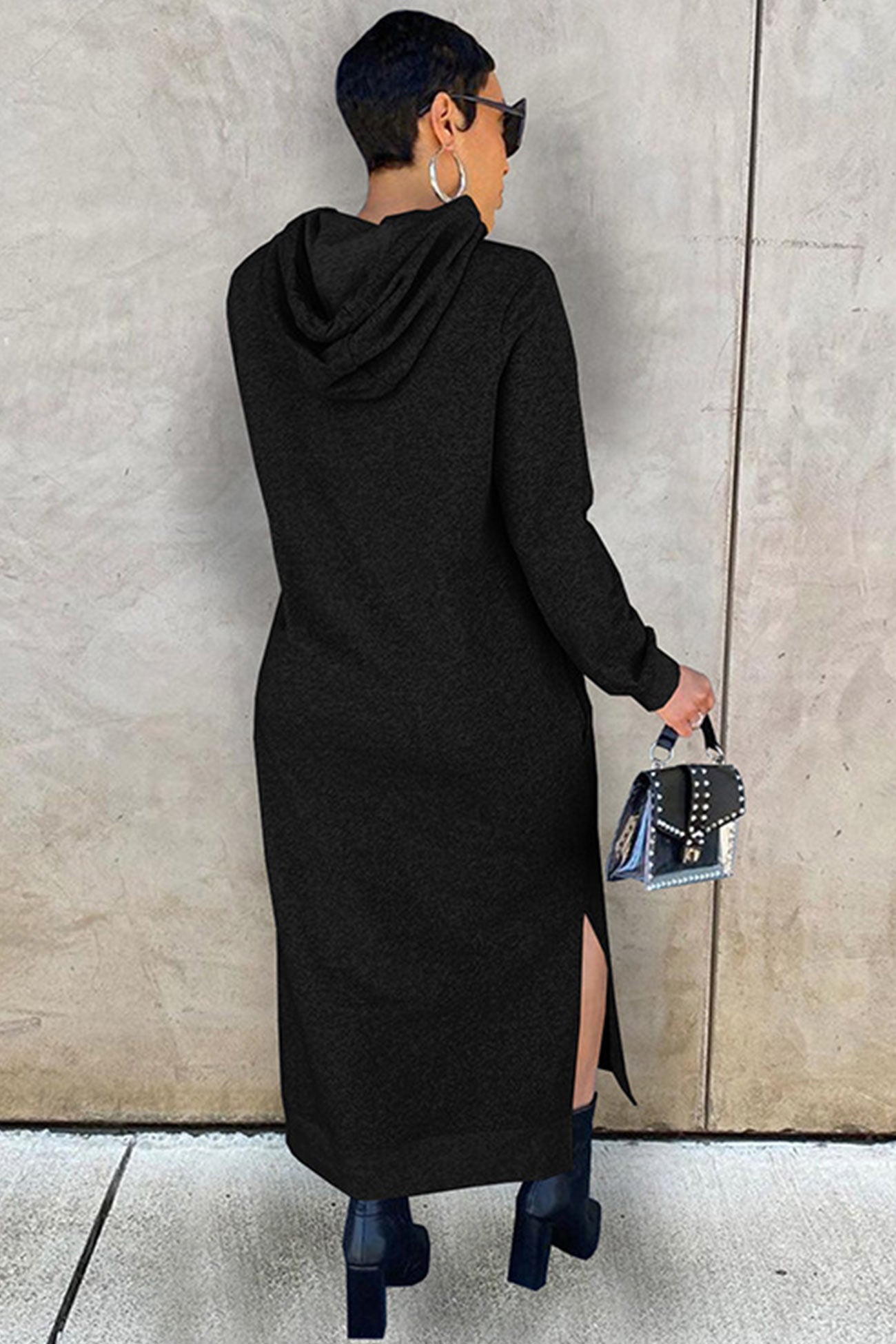 Solid Slit Hem Hoodie Dress