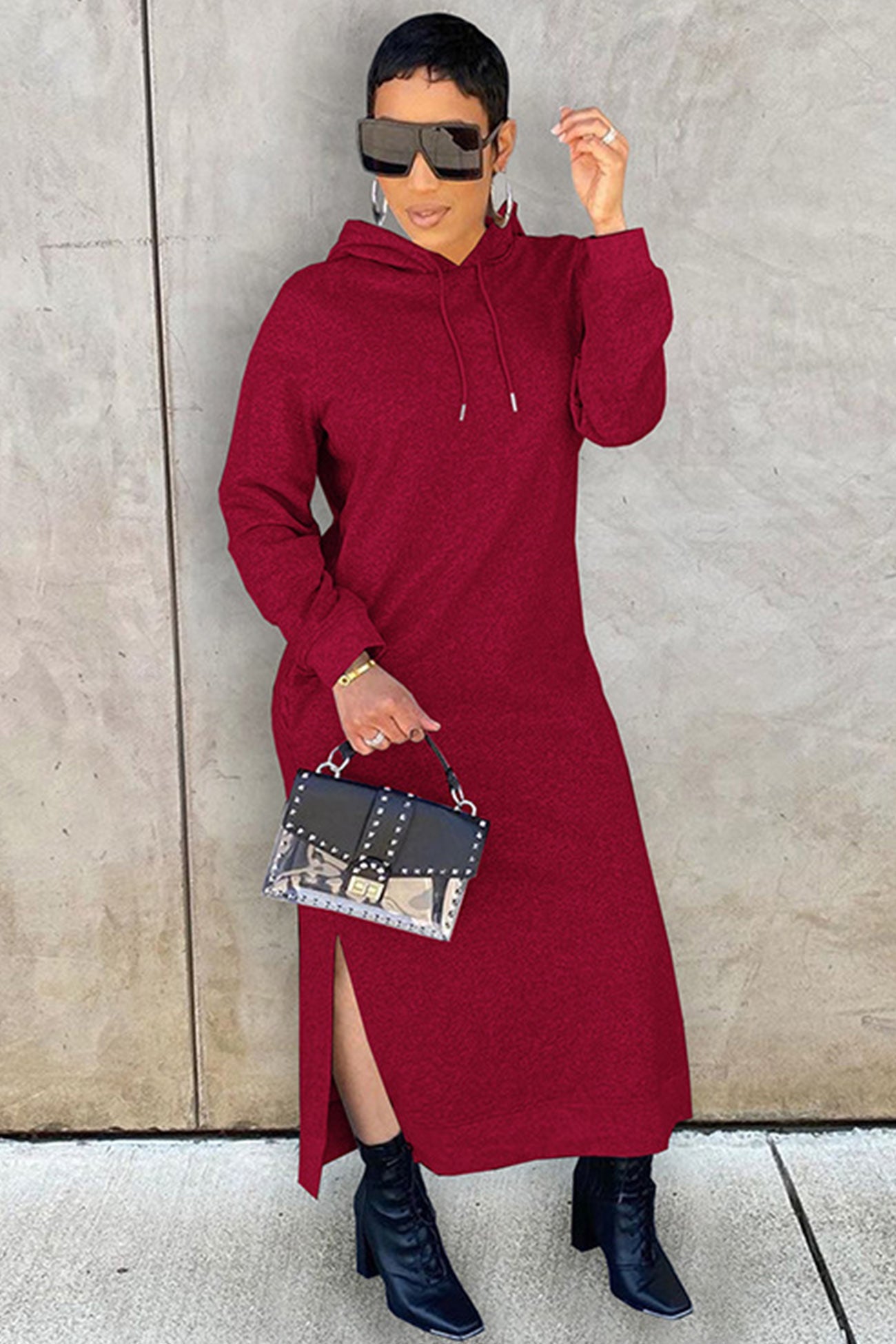 Solid Slit Hem Hoodie Dress