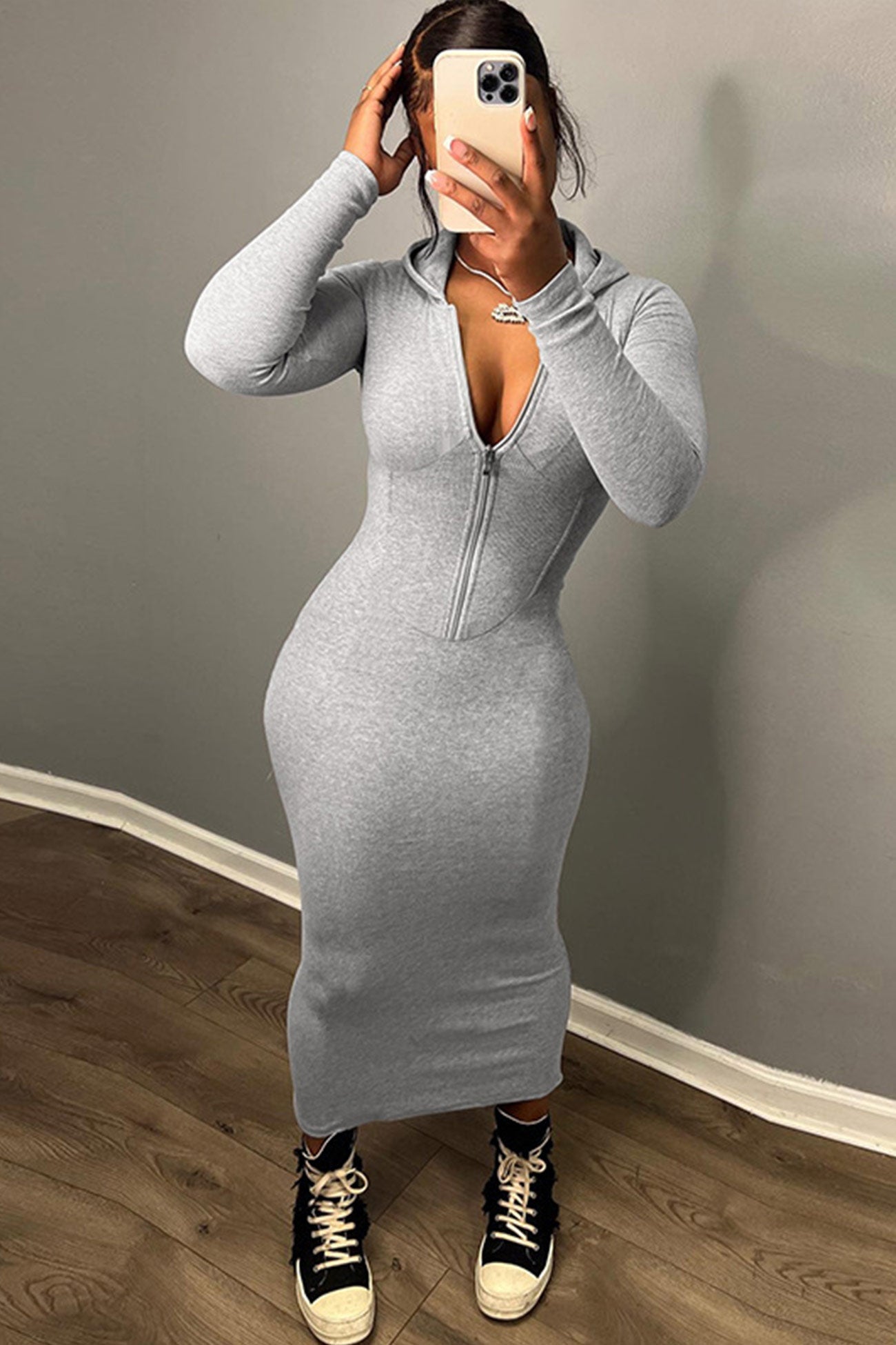 Solid Zipper Hoodie Dress