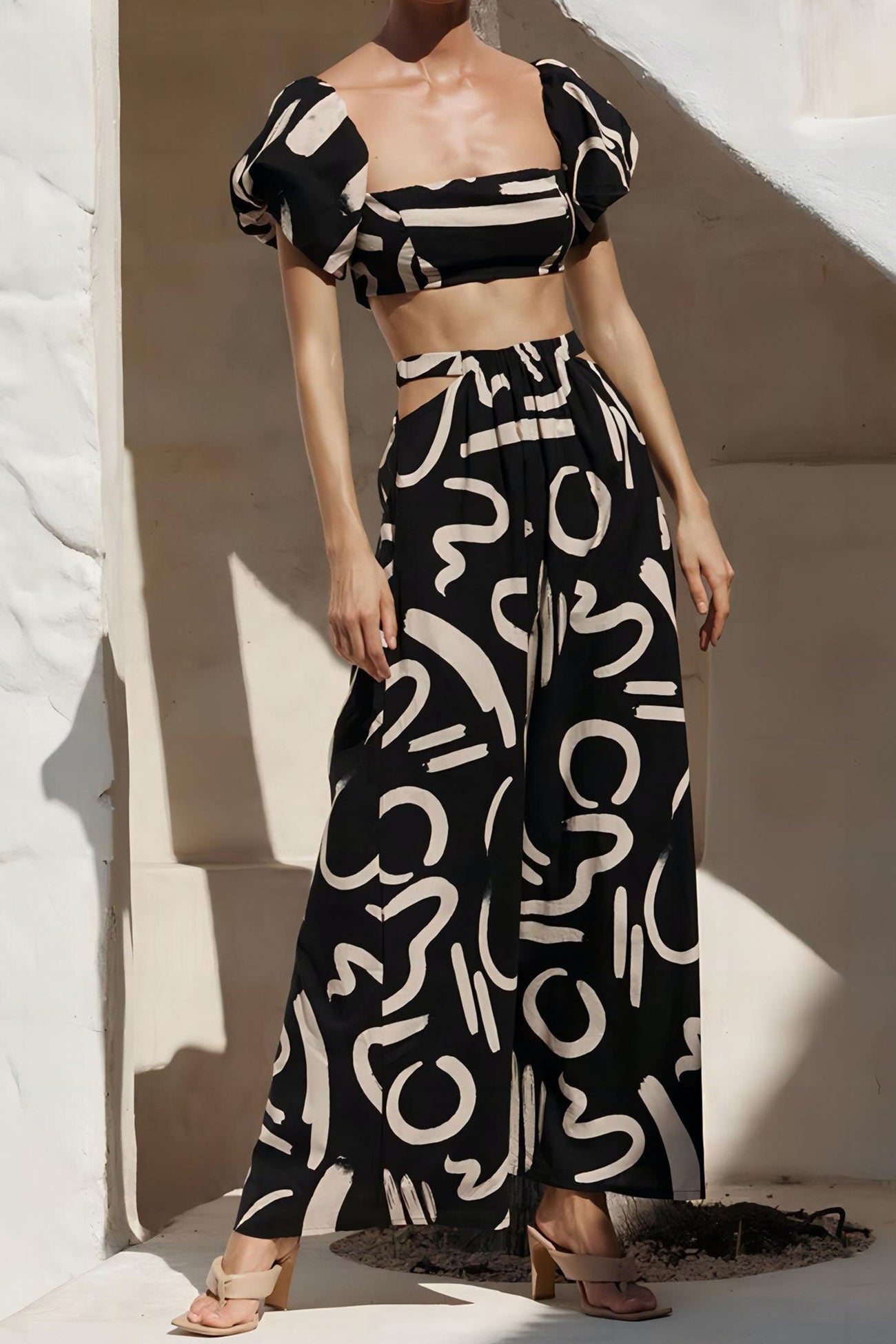 Strapless Puff Sleeve Crop Tops & Skirts